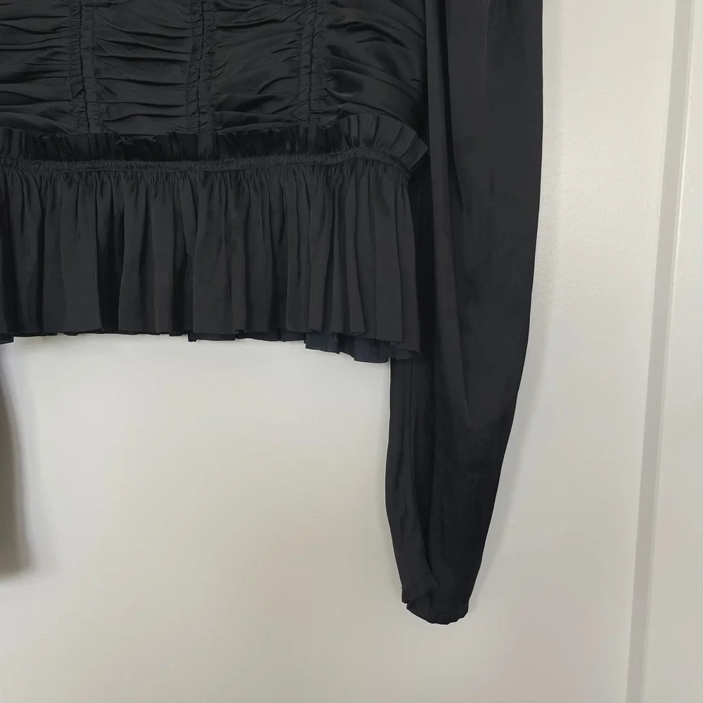 Ulla Johnson Mia Blouse Sz 0 Black Plisse Satin Bustier Puff Sleeve Pleated Sexy